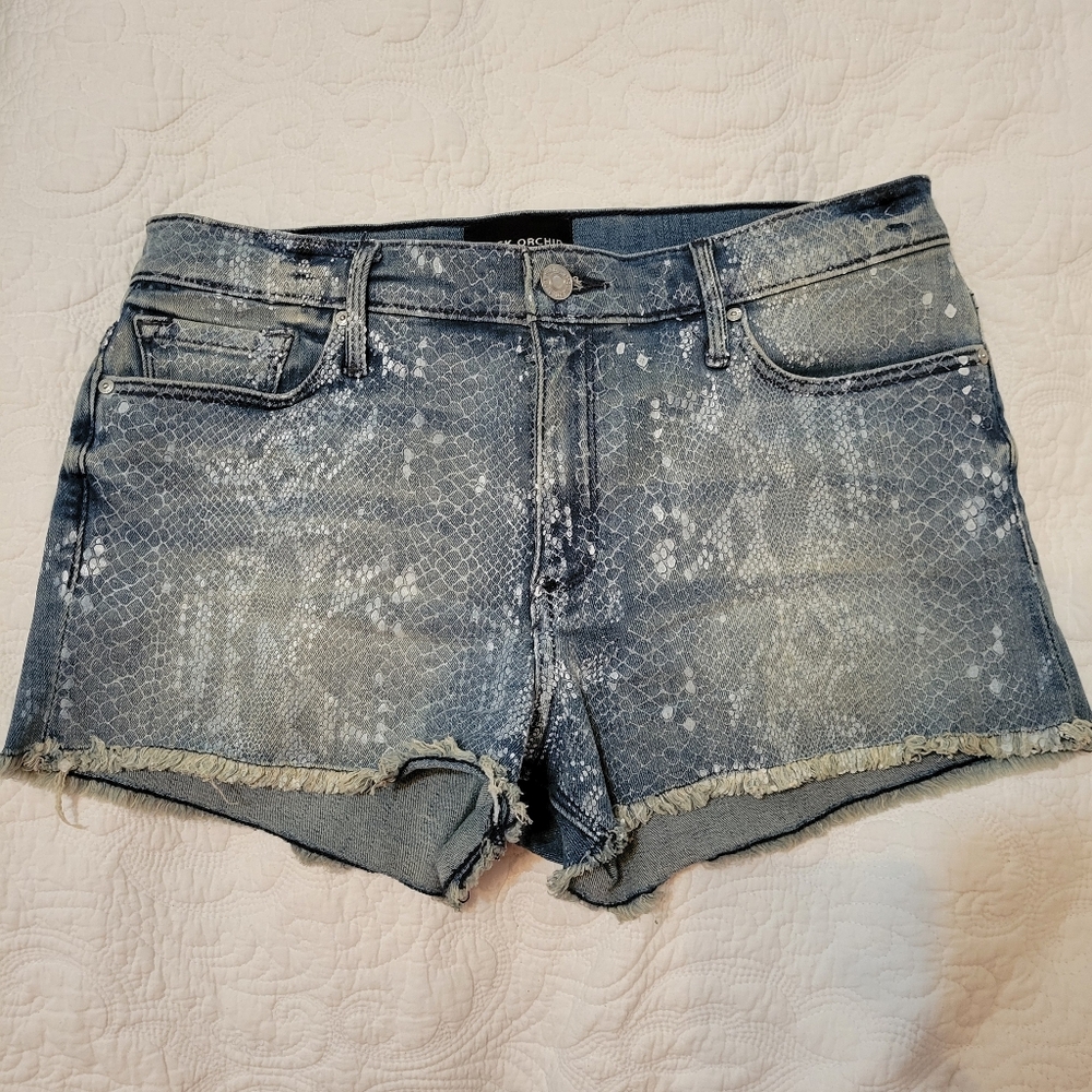 Black Orchid Blue Distressed Snake-Print Denim Shorts